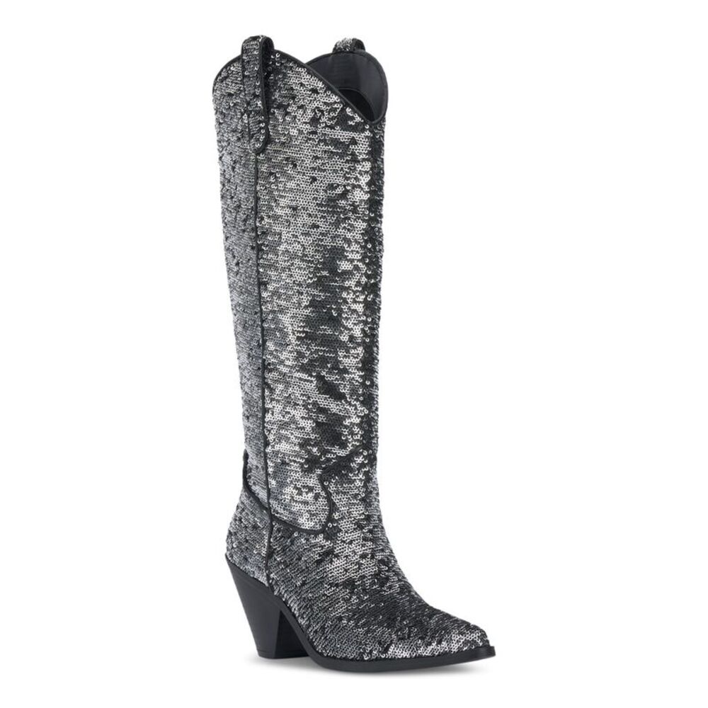 INC Womens Silver Sequined Ipiriah Round Toe Stacked Heel Western Boot 11 M